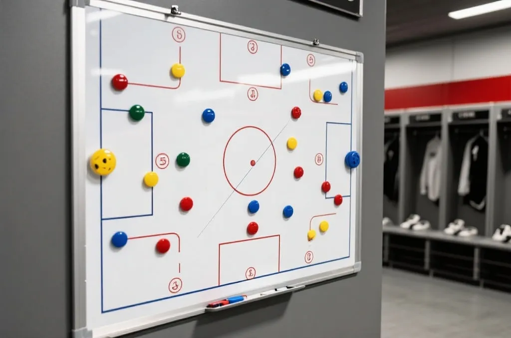 A professional football tactical board with magnetic markers and drawn strategic lines in a locker room
